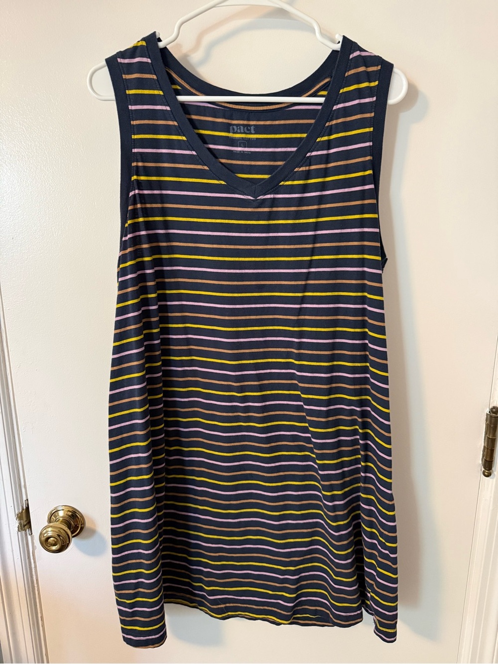 Pact Navy Sleeveless Above Knee Dress with Pink, Brown & Yellow Stripes